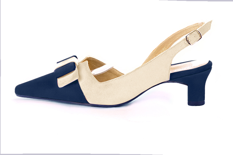 Navy blue and champagne beige women's open back shoes, with a knot.. Profile view - Florence KOOIJMAN